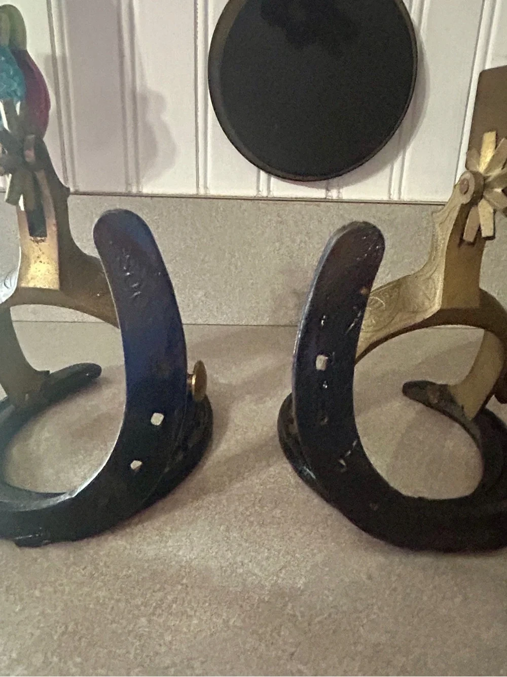 Cast Iron Horseshoe and Brass Spur Decorative Bookends - Black and Gold